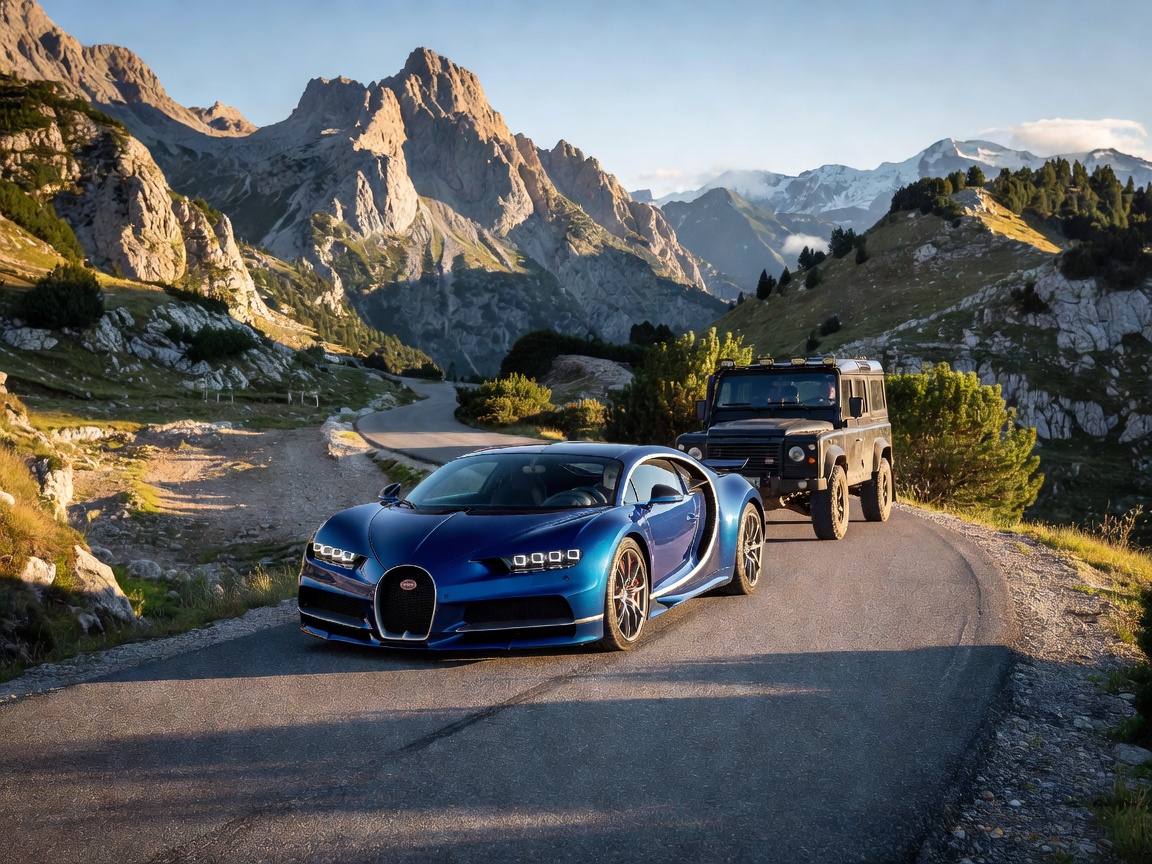 Bugatti Chiron racing on winding Alpine pass road with mountain view