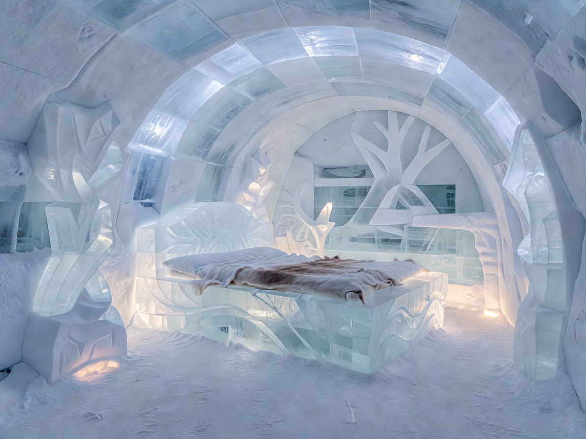 Icehotel 360 Sweden hand-sculpted ice suite with artistic ice chandelier