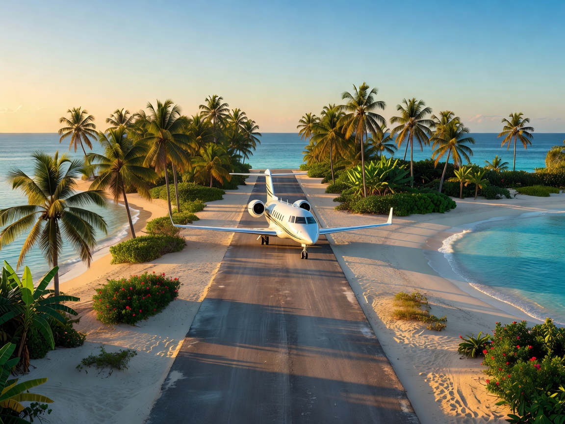 Necker Island private Caribbean island aerial overview with private jet on island runway