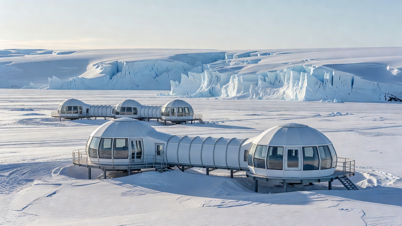 Whichaway Antarctic Luxury Camp Panorama with snow-capped mountain backdrop