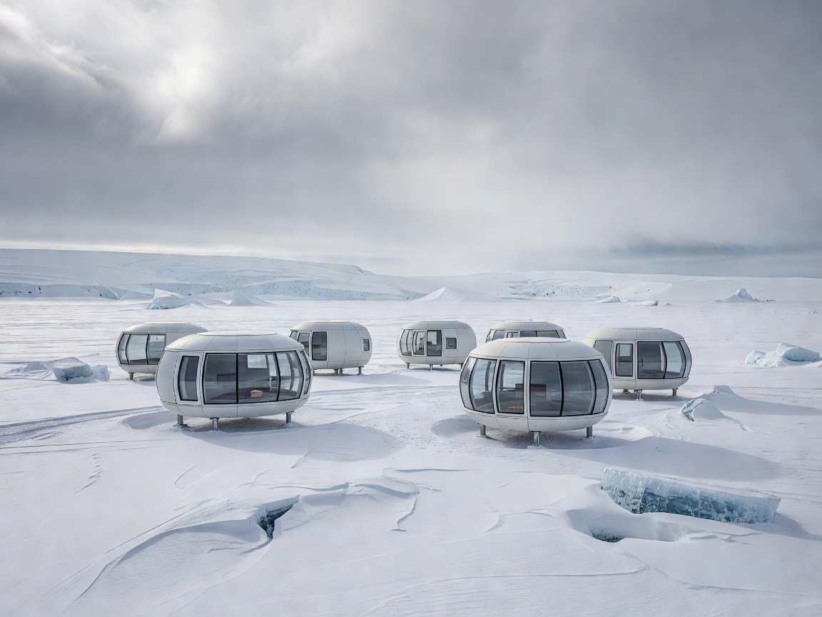Whichaway Antarctic Luxury Pods Camp with futuristic dome architecture on frozen glacier
